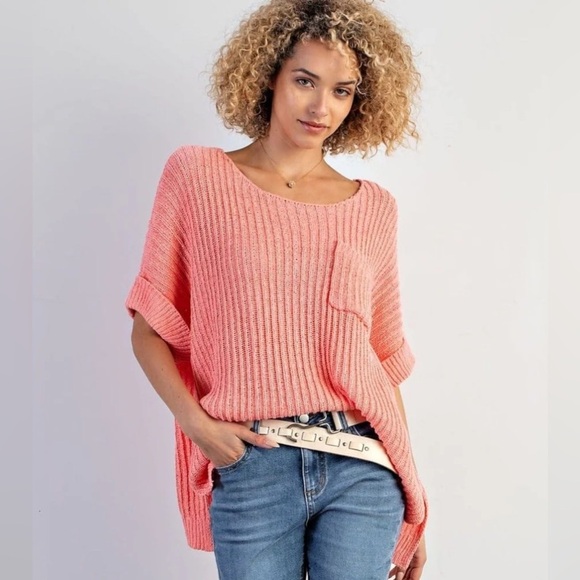 Easel Boxy Cuffed Short Sleeve Knitted Ribbed Sweater Coral Front Pocket Small - Picture 1 of 15